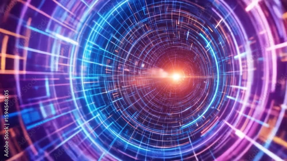 Poster futuristic digital tunnel with glowing neon lights and data streams animation