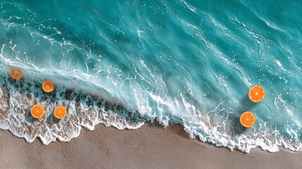Fototapeta premium Oranges Floating in Ocean Waves, Tropical Beach with Fresh Citrus, Aerial View of Ocean Shore, Refreshing Summer Beach Scene.
