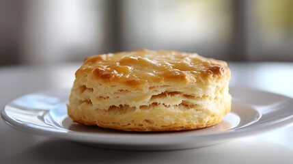 Golden, Flaky Biscuit on a White Plate