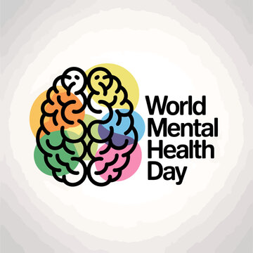 World Mental Health Day Poster Vector Illustration with Brain, Green Ribbon, Support Hands, Wellness Symbols, Calm Face, Plants, Mind Icons and Green Theme