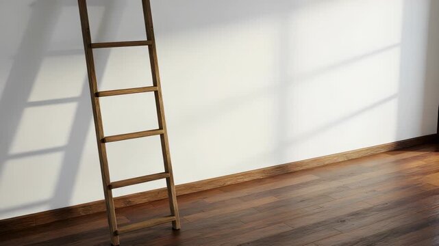 Wooden Ladder Leaning on White Wall with Shadow on Dark Wood Floor in Minimalist Room Interior Space