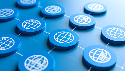 Abstract Blue Network: Connected Globe Icons on a Smooth Surface