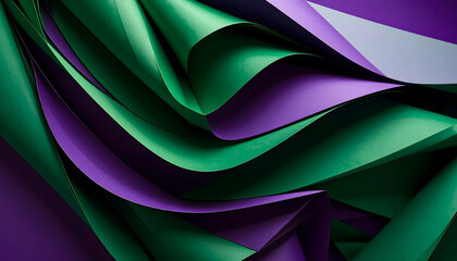 Abstract Composition of Curving Green and Purple Paper Forms, Dramatic Lighting