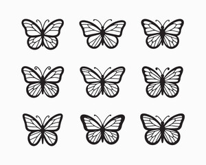 Butterfly vector illustration set, line art style, Butterflies in various poses. Perfect for spring, summer designs, invitations. Butterfly outline sketches of nature’s delicate, elegant insect.