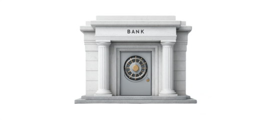 A classical bank building facade with large pillars and a secure vault door in the center.