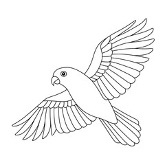 Black and white line art of a Serindit bird (Hanging Parrot) flying with wide wings. Perfect for coloring books, nature-themed designs, and educational illustrations.