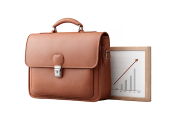 A brown leather briefcase with a metal clasp is shown next to a framed chart displaying an upward trending graph.