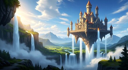Ethereal Sky Citadel Pouring Waterfalls into a Sun-Kissed Mountain Valley.