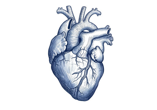 Anatomical Heart Illustration: A detailed, anatomical illustration of the human heart, drawn in intricate black and white detail. The intricate network of arteries and veins gives a sense of the heart