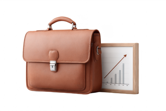 A brown leather briefcase with a metal clasp is shown next to a framed chart displaying an upward trending graph.