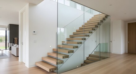 Minimalist staircase with floating wooden steps and glass railing