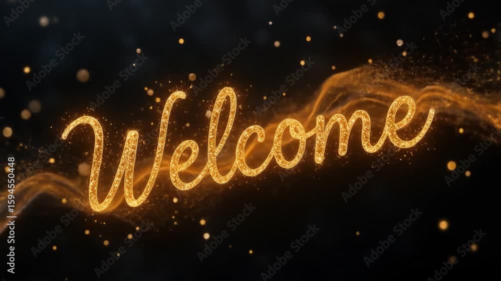 Poster golden welcome text animation with sparkling particles and elegant wave trail