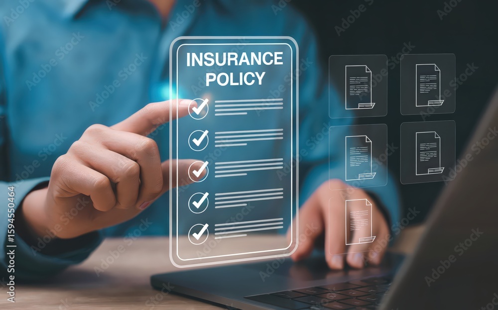 Poster insurance policy displayed with hand interacting with document digitally