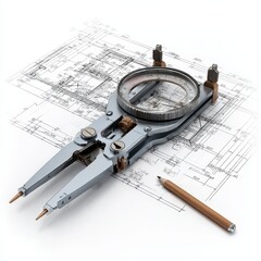A compass and a compass on top of a blueprint