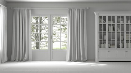 Empty room with large window and antique-style bookcase.