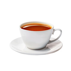 White ceramic teacup filled with dark-brown tea, on saucer