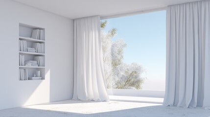 Fototapeta premium A bright, minimalist interior with a built-in bookcase and large windows.