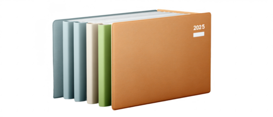 A stack of assorted leather-bound planners, with the foremost labeled "2025" in white text on a tan cover.