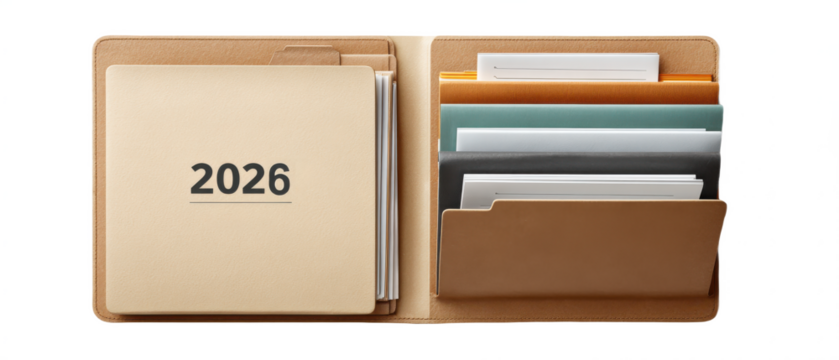 A 2026 desk calendar with multiple colorful pages organized inside a brown leather cover with compartments.