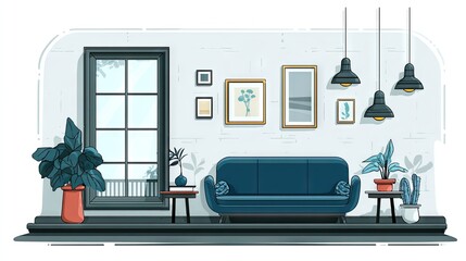 Interior illustration of a living room with a sofa, plants, and artwork.