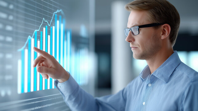 Business analyst reviewing virtual financial reports on a transparent glass interface in a futuristic high-tech workspace, showcasing innovation, data analytics, and modern digital tools