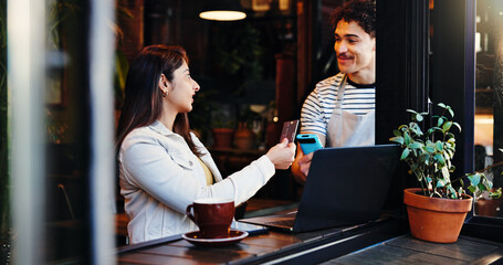 People, waiter and customer with credit card on POS machine for payment, purchase or order in cafe. Woman, man and ecommerce with NFC or fintech for wireless banking or transaction in coffee shop