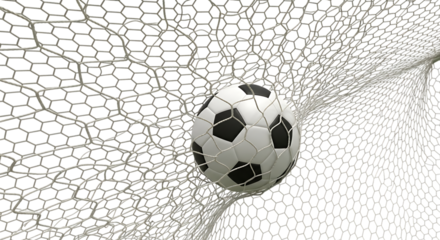 Soccer ball caught in a net isolated on transparent background