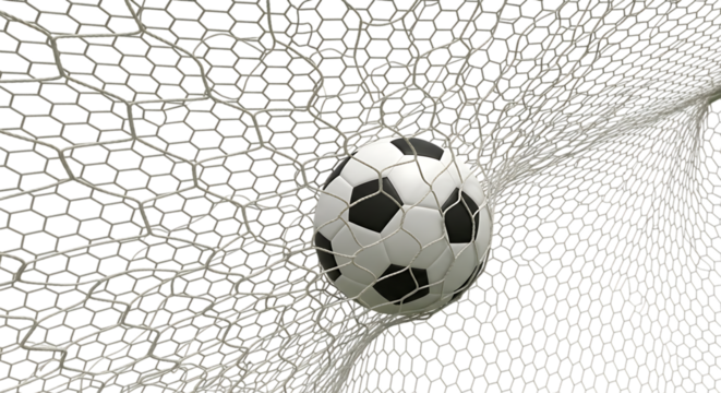 Soccer ball caught in a net isolated on transparent background - Powered by Adobe