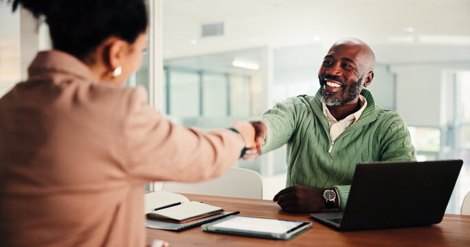 Business man, woman and handshake at interview for recruitment process, agreement or smile at office. People, manager and shaking hands with deal for onboarding, human resources or hiring at agency