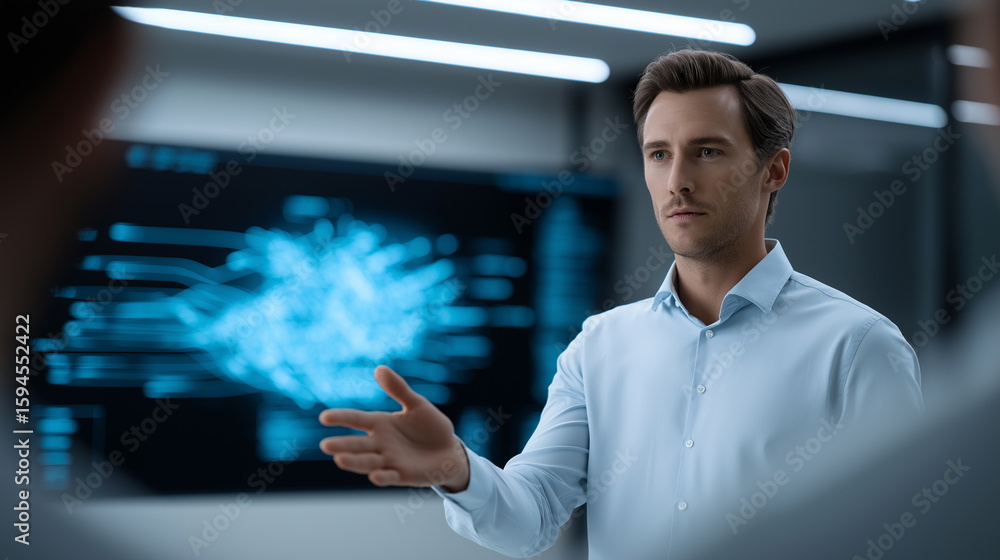 Poster entrepreneur presenting a startup pitch using floating 3d graphs inside a sleek innovation hub with 