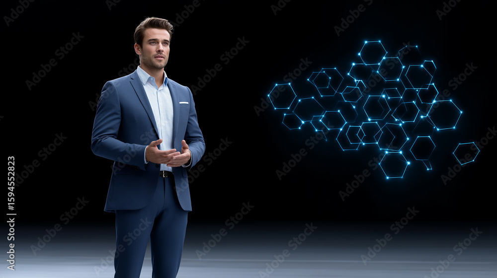 Poster entrepreneur presenting a startup pitch using floating 3d graphs inside a sleek innovation hub with 