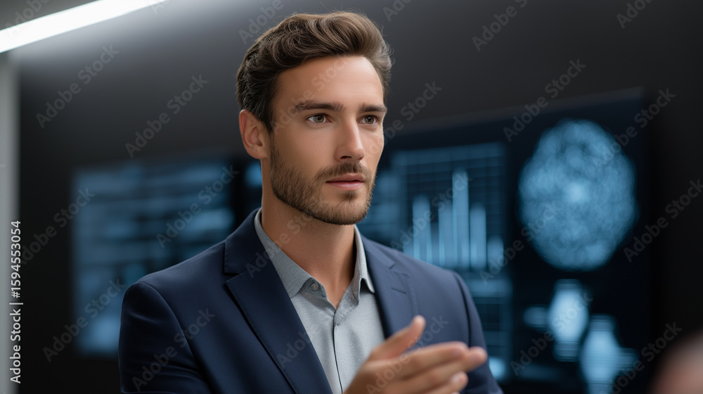 Poster entrepreneur presenting a startup pitch using floating 3d graphs inside a sleek innovation hub with 