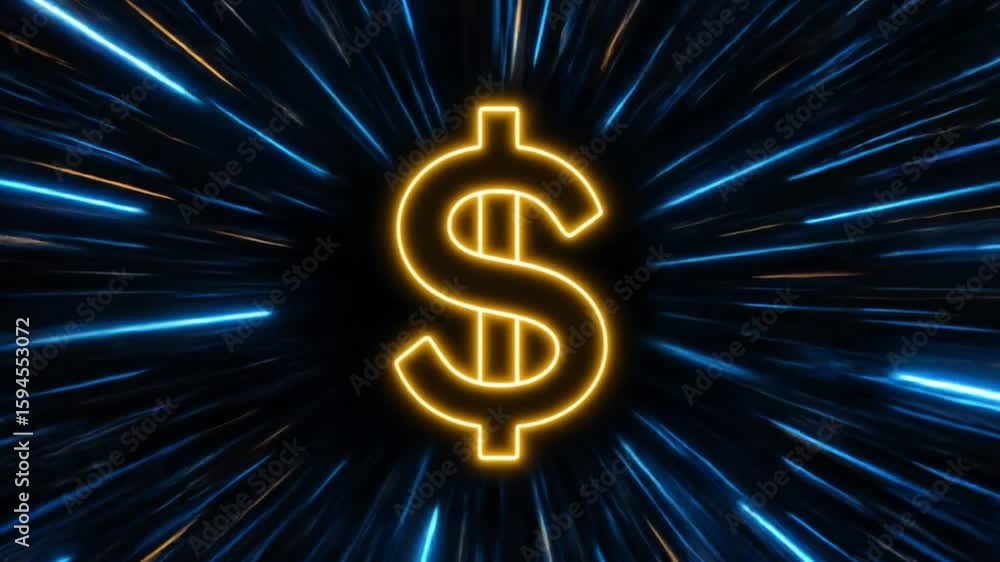 Poster neon dollar sign with abstract speed lines background creating a modern and dynamic animation