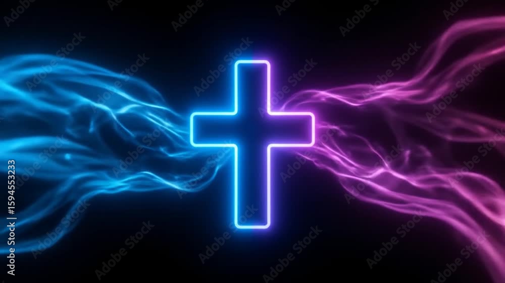 Poster neon cross with flowing energy waves abstract background animation loop vibrant colors
