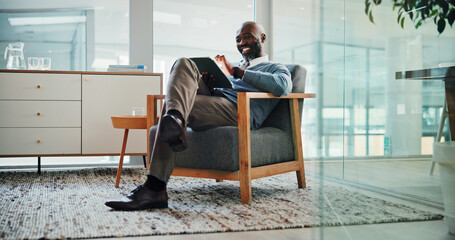 African businessman, tablet and smile at office with scroll, results and networking at investing...