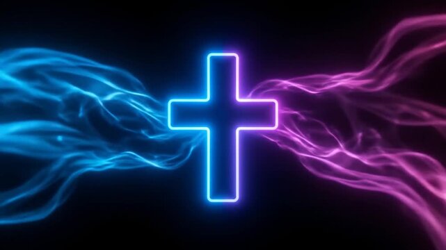 Neon cross with flowing energy waves abstract background animation loop vibrant colors