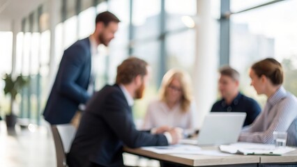 Strategy Session Blur — collaborative business meeting in blur with digital overlays
