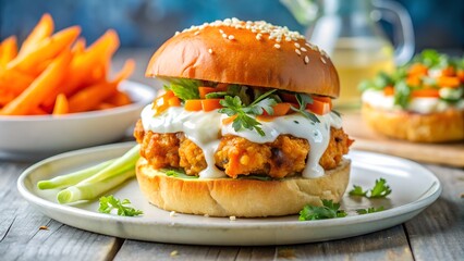 Photo of a mouthwatering burger with crispy fried chicken, creamy sauce, fresh herbs, and shredded carrots, served on a sesame seed bun with a side of golden french fries