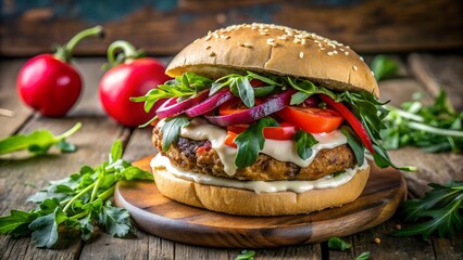 Photo of a delicious gourmet burger featuring a thick beef patty, melted cheese, crisp lettuce, juicy tomatoes, and red onions on a toasted sesame seed bun, presented with fresh herbs