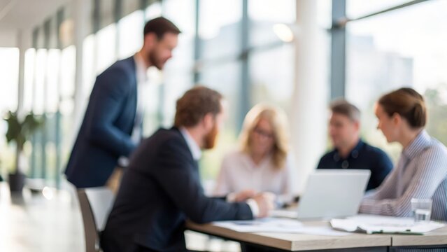 Strategy Session Blur — collaborative business meeting in blur with digital overlays
