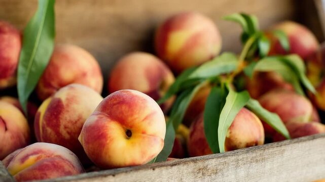 Fresh peaches harvested from an orchard ready for market sale in summer