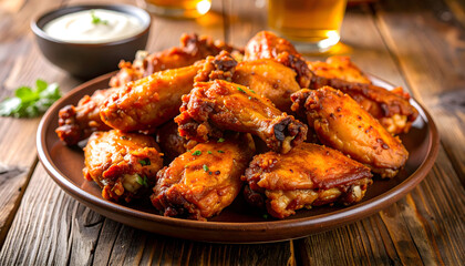 Fototapeta premium Appetizing chicken wings glazed with sauce on a brown plate served with dip and beer