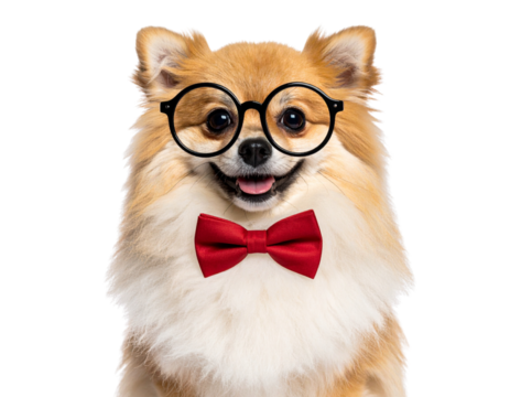 Funny Dog Wearing Round Glasses and Bow Tie, transparent background