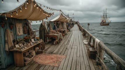 A traditional market on a rustic baltic sea pier captivating atmosphere unique crafts and local goods