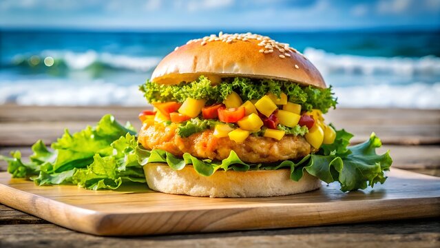 Photo of a gourmet burger with fresh lettuce, tomato, and onion is served on a wooden board at the beach with the ocean in the background