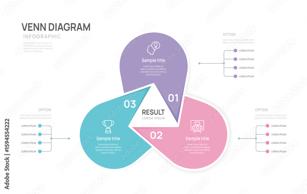 Wall mural infographic business venn diagram circle chart template 3 steps options, presentation with venn diag