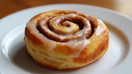 Fototapeta premium Glazed Cinnamon Roll on a White Plate