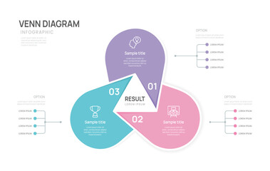 infographic business Venn diagram circle chart template 3 steps options, presentation with venn diagram elements vector illustration.