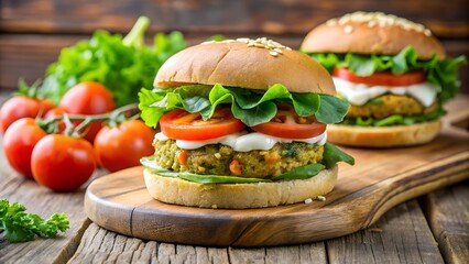 Photo of a delicious vegetarian burger featuring a wholesome veggie patty, crisp lettuce, juicy tomatoes, and creamy sauce, arranged with fresh tomatoes on a wooden board