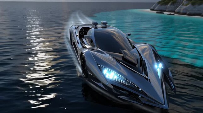 luxury sports car fused with futuristic yacht features, sleek aerodynamic design with chrome accents, cruising above a crystal-clear ocean, sunlight reflecting on water